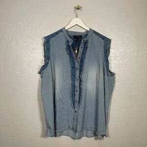 Lane Bryant Women Plus Size 20 Striped Denim Blouse Button Front Ruffle Cotton